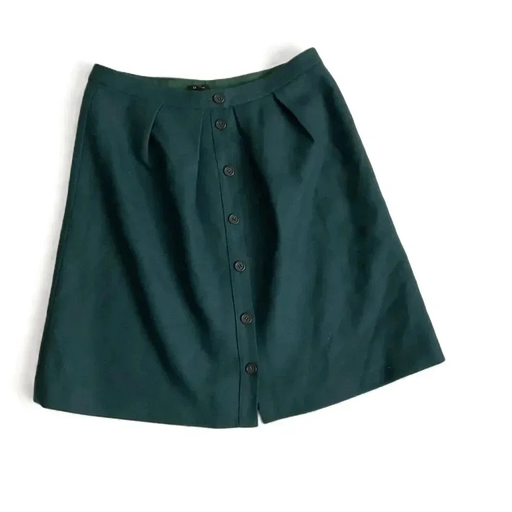 J.Jill Green Wool Button Front Pleated Retro A-Line Skirt Size 12